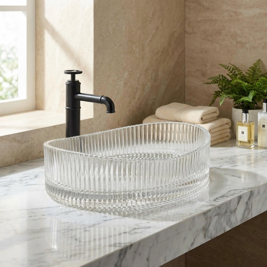 InArt glass design wash basin, oval transparent glass table top wash basin, clear finish main view