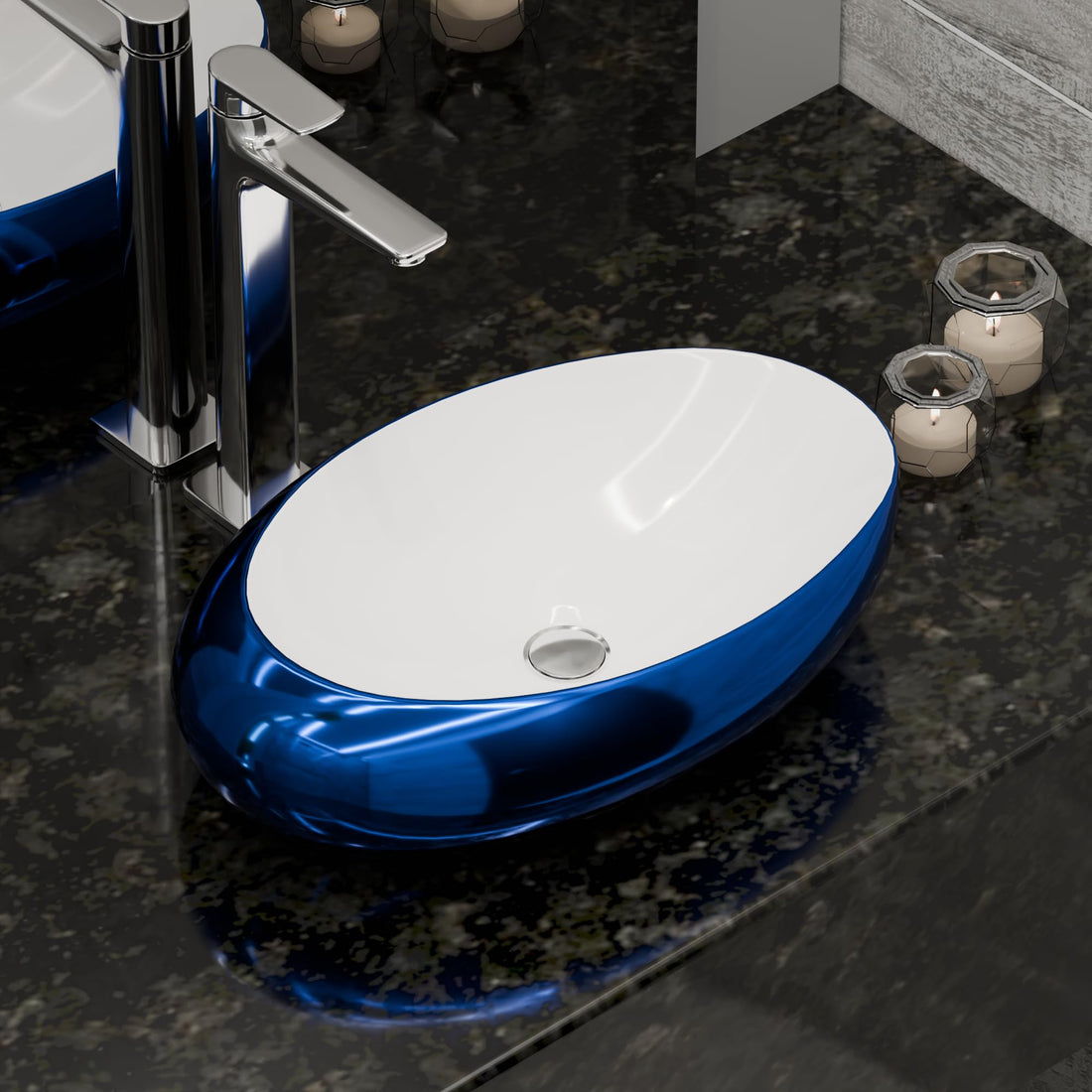 InArt ceramic table top wash basin design, glossy blue oval countertop basin, front view