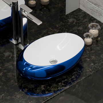 InArt ceramic table top wash basin design, glossy blue oval countertop basin, front view