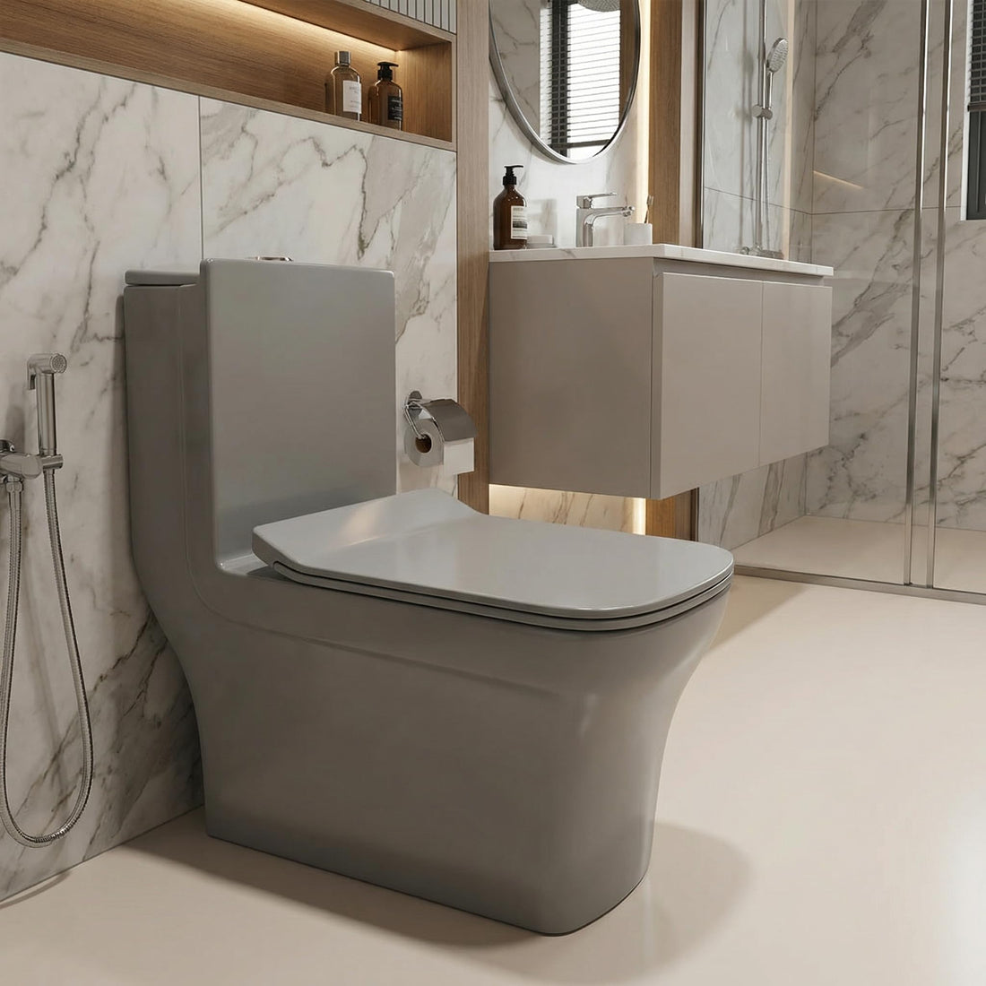 Single piece western toilet InArt ceramic rectangular grey commode, floor mounted one piece water closet front view