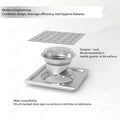 Designer square floor drain cover 5x5 inch in brushed steel, side angle showing collar and frame fit