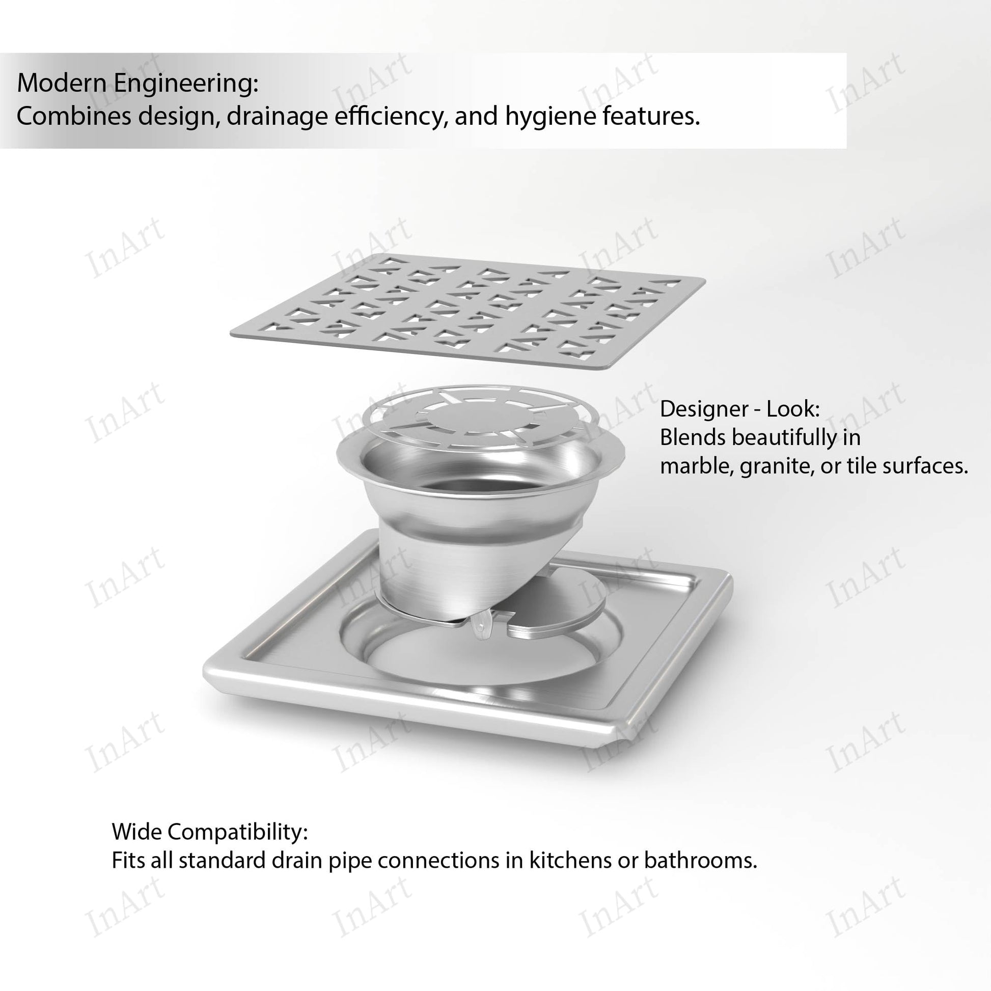 Designer square floor drain cover 5x5 inch in brushed steel, side angle showing collar and frame fit