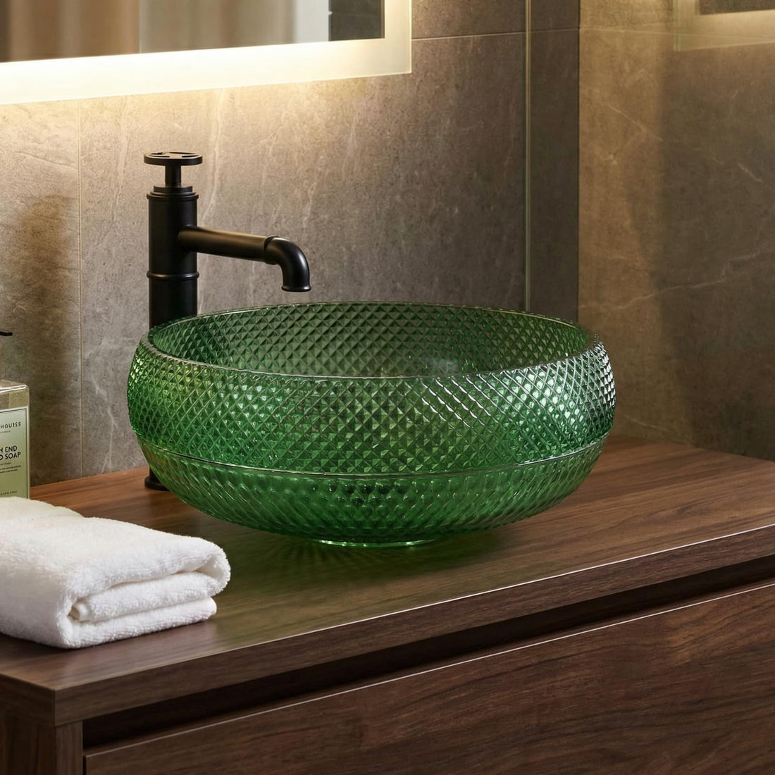 InArt crystal glass square table top wash basin in glossy green, main view