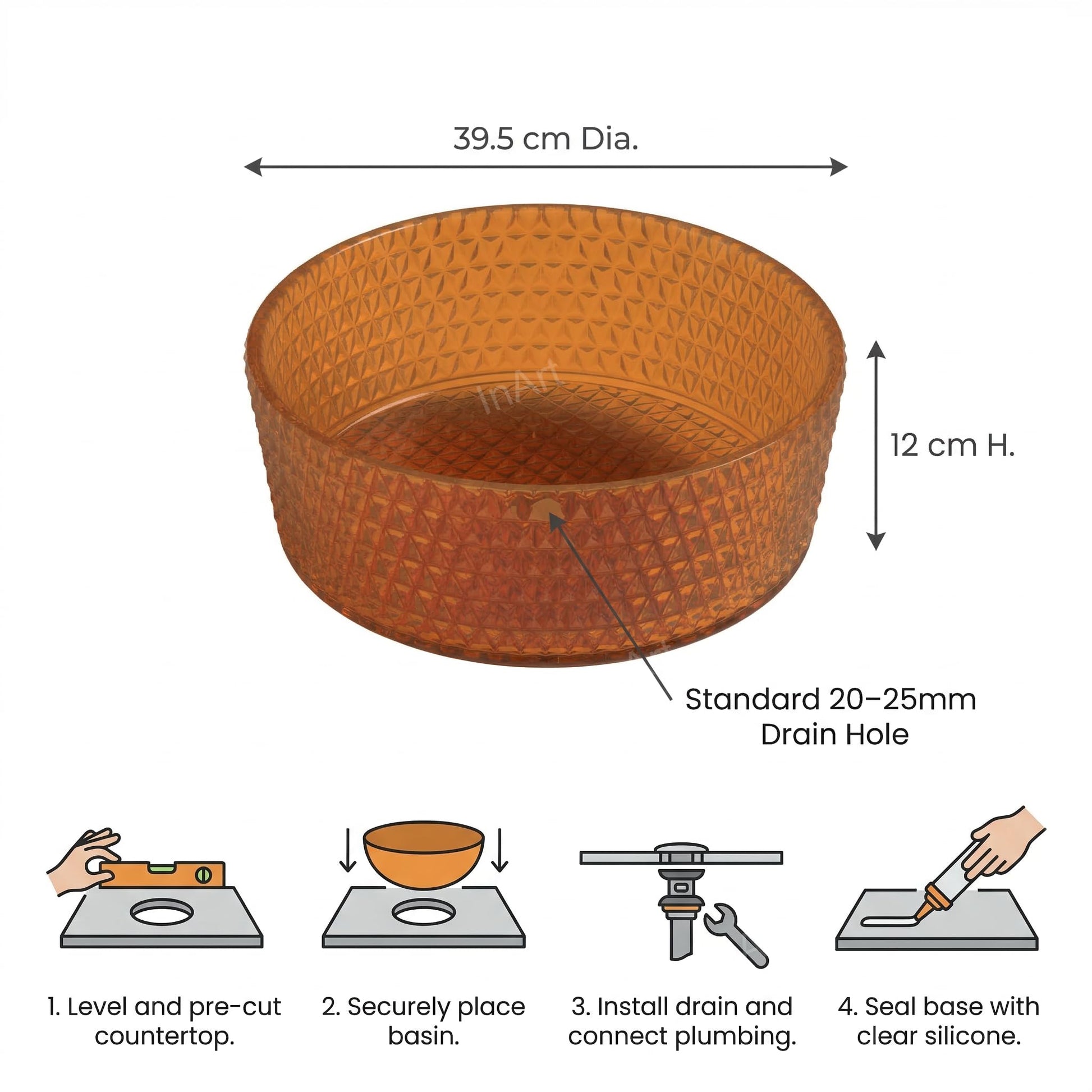 Luxury golden wash basin look in amber glass, round basin on counter with tap and mirror glass design