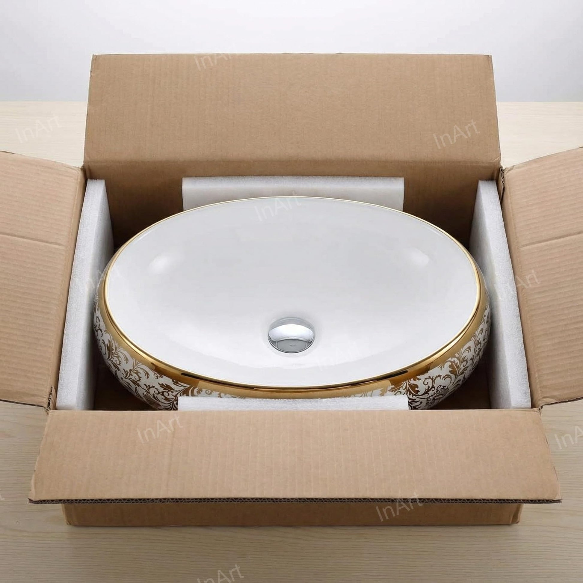 InArt table top wash basin buy online, 24x16 inch glossy white oval ceramic basin with golden border