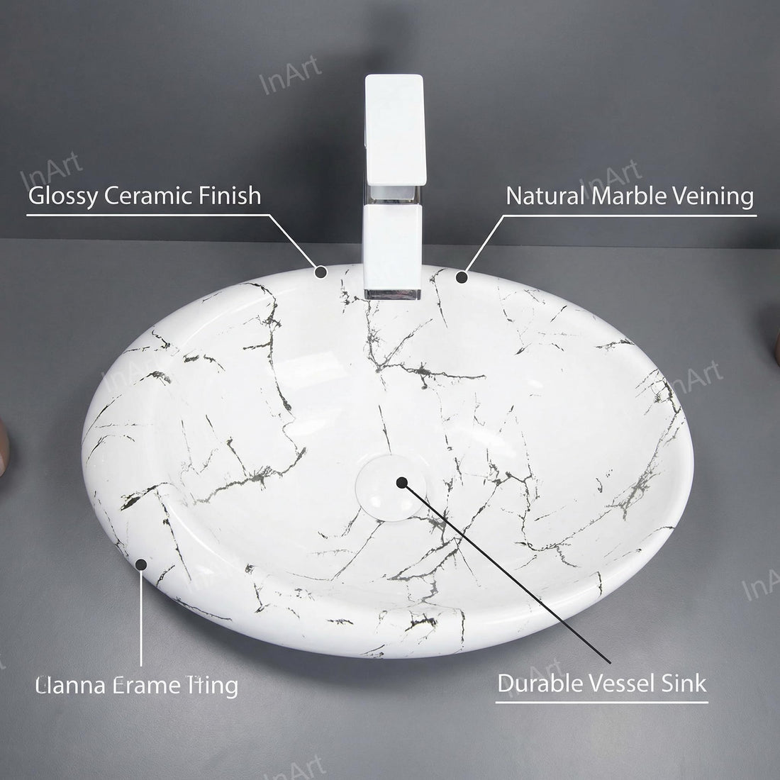 InArt table top wash basin design, ceramic rectangular Satvario white-grey marble finish, front view