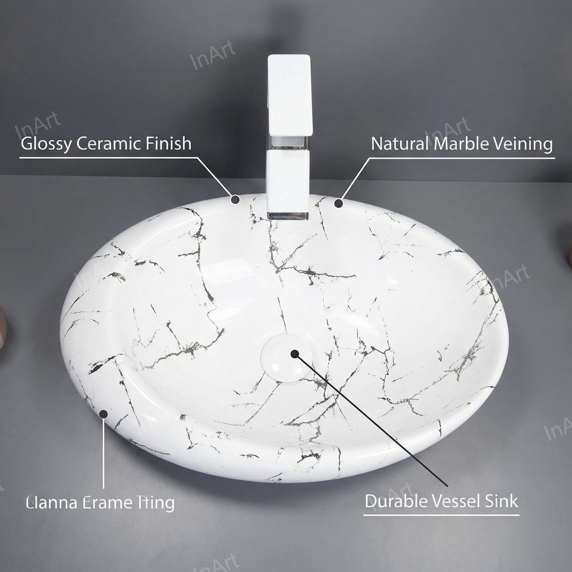 InArt designer table top basin design in Satvario marble finish, ceramic rectangular wash basin, angled view