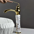 Close-up of ceramic disc cartridge single lever basin tap, smooth handle control for hot and cold water