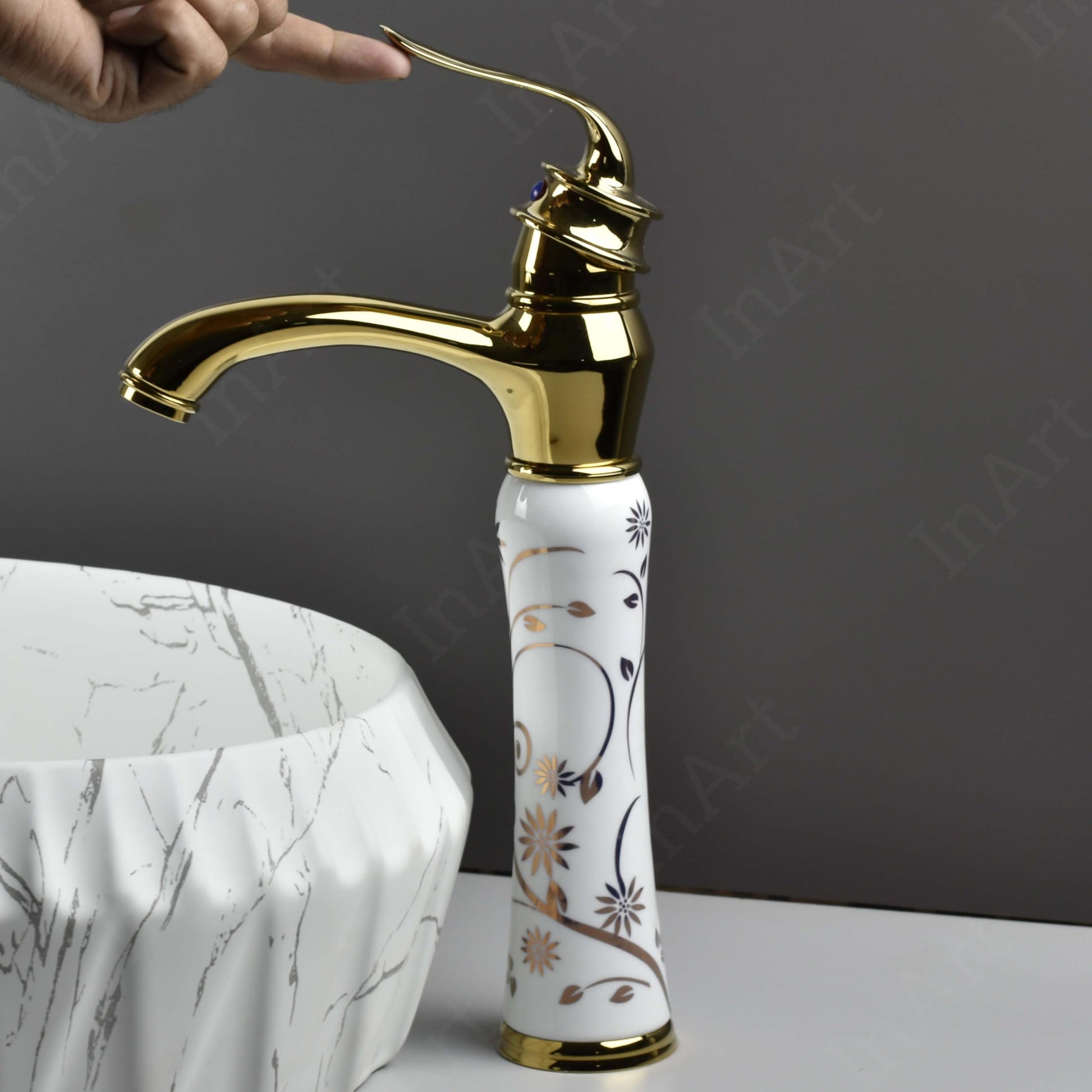 Close-up of ceramic disc cartridge single lever basin tap, smooth handle control for hot and cold water