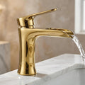 Gold basin tap for hot and cold water mixer on wash basin, premium bathroom fitting with waterfall spout