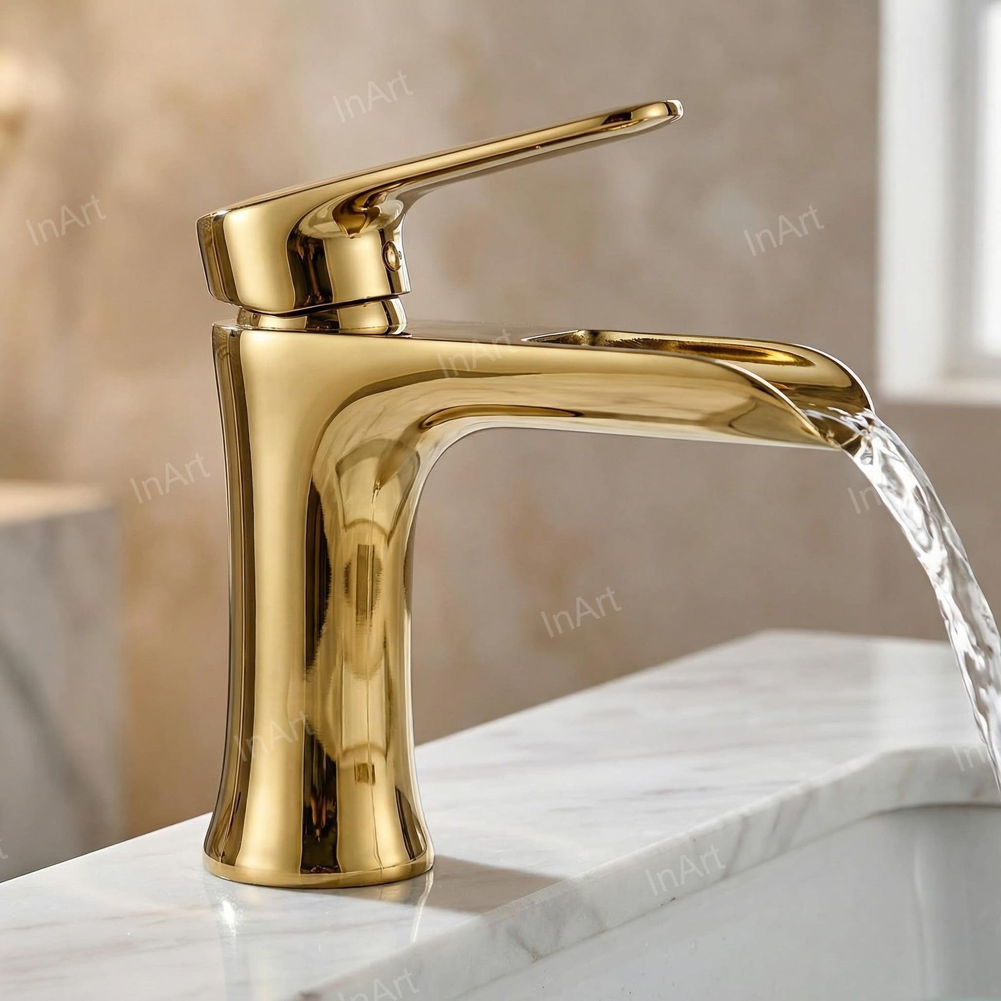 Gold basin tap for hot and cold water mixer on wash basin, premium bathroom fitting with waterfall spout