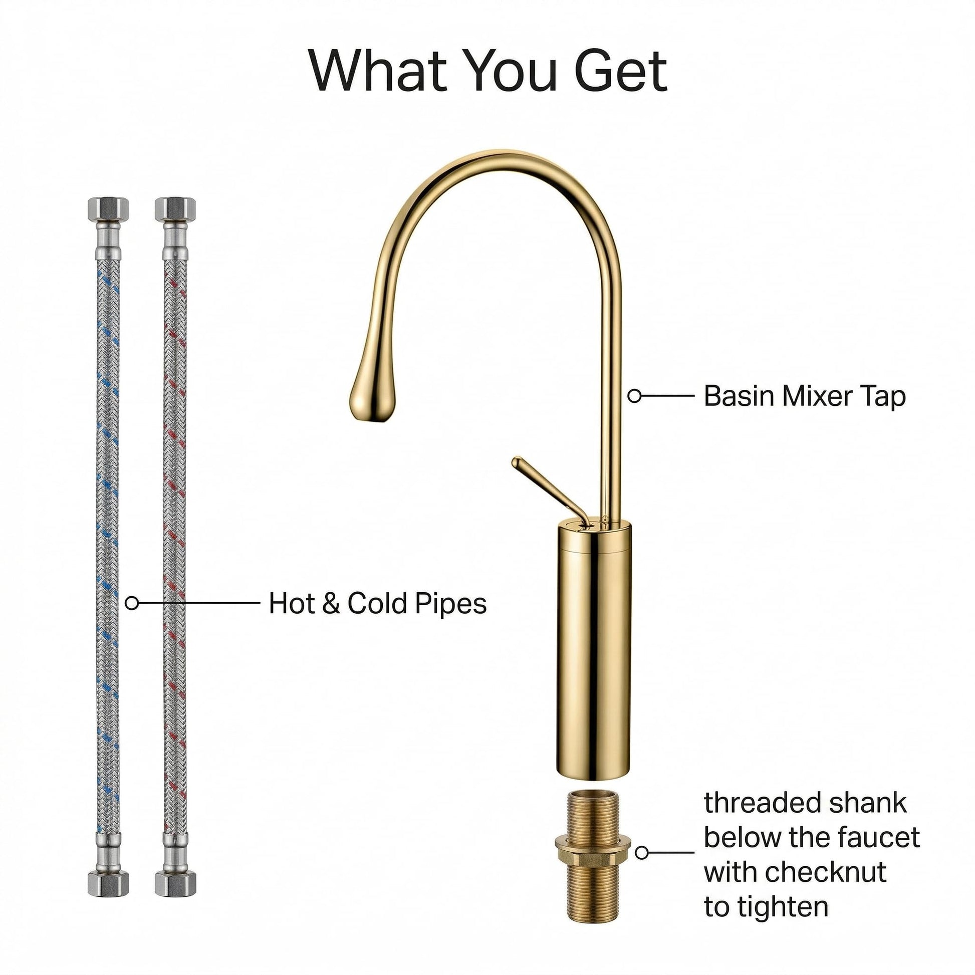 Gold sink mixer single lever for bathroom wash basin, elegant high neck brass mixer tap in modern interior