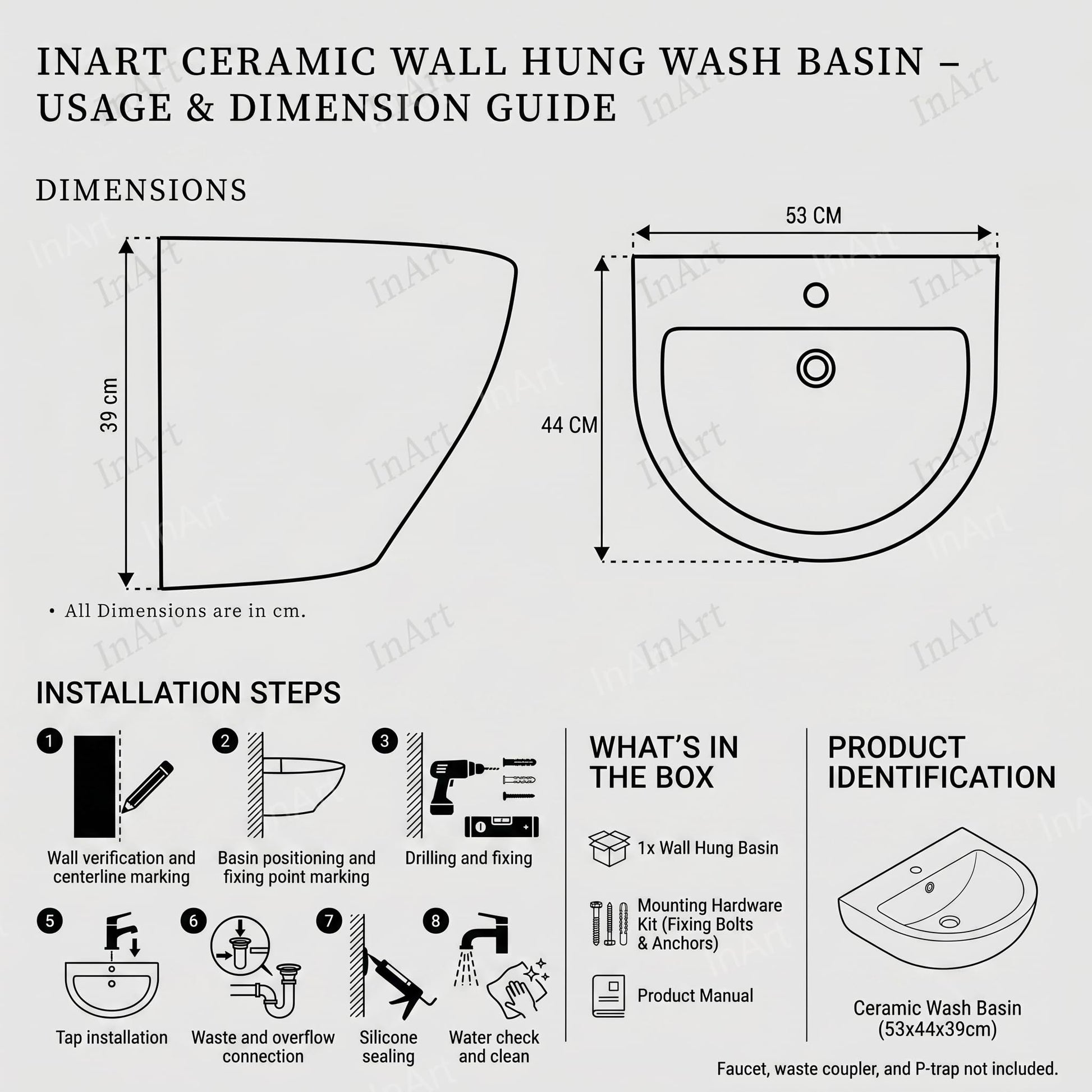 Small wall hung sink for washroom corner, rectangular ceramic basin with half pedestal, black gold stripes
