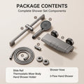 Complete shower and tap set components laid out with fitting accessories