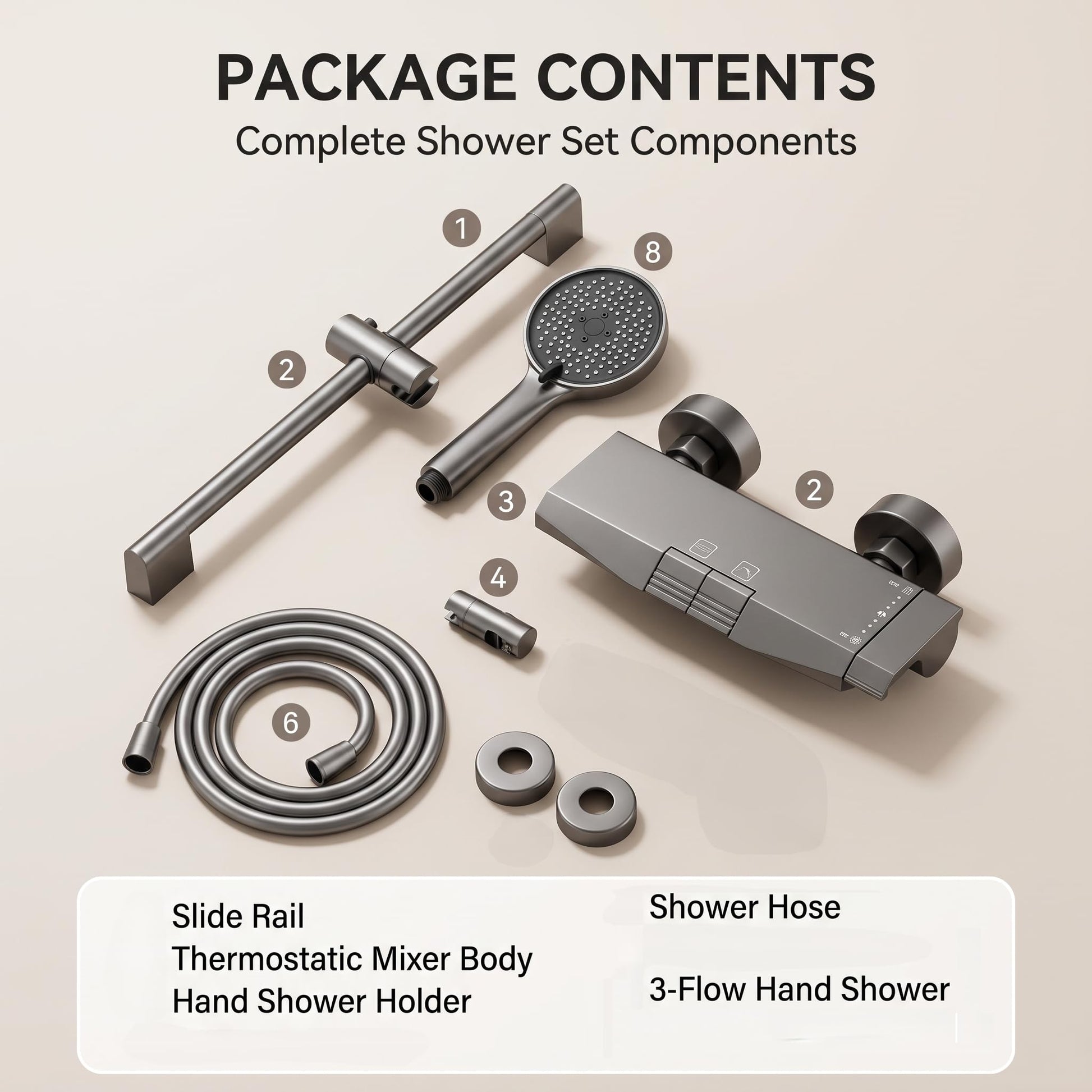 Complete shower and tap set components laid out with fitting accessories