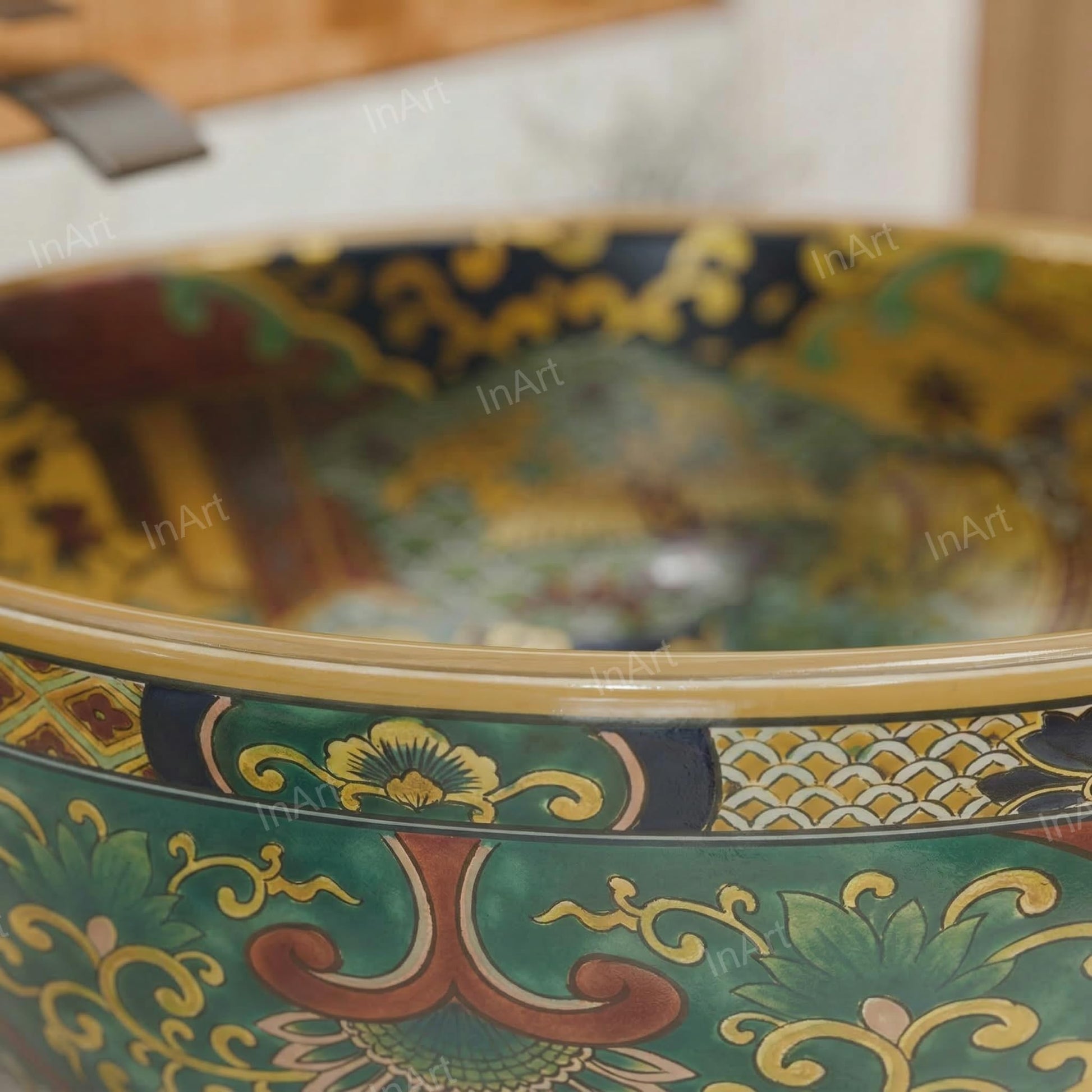 Luxurious bathroom sink for vanity counter, round table top wash basin in multicolour Moroccan ceramic