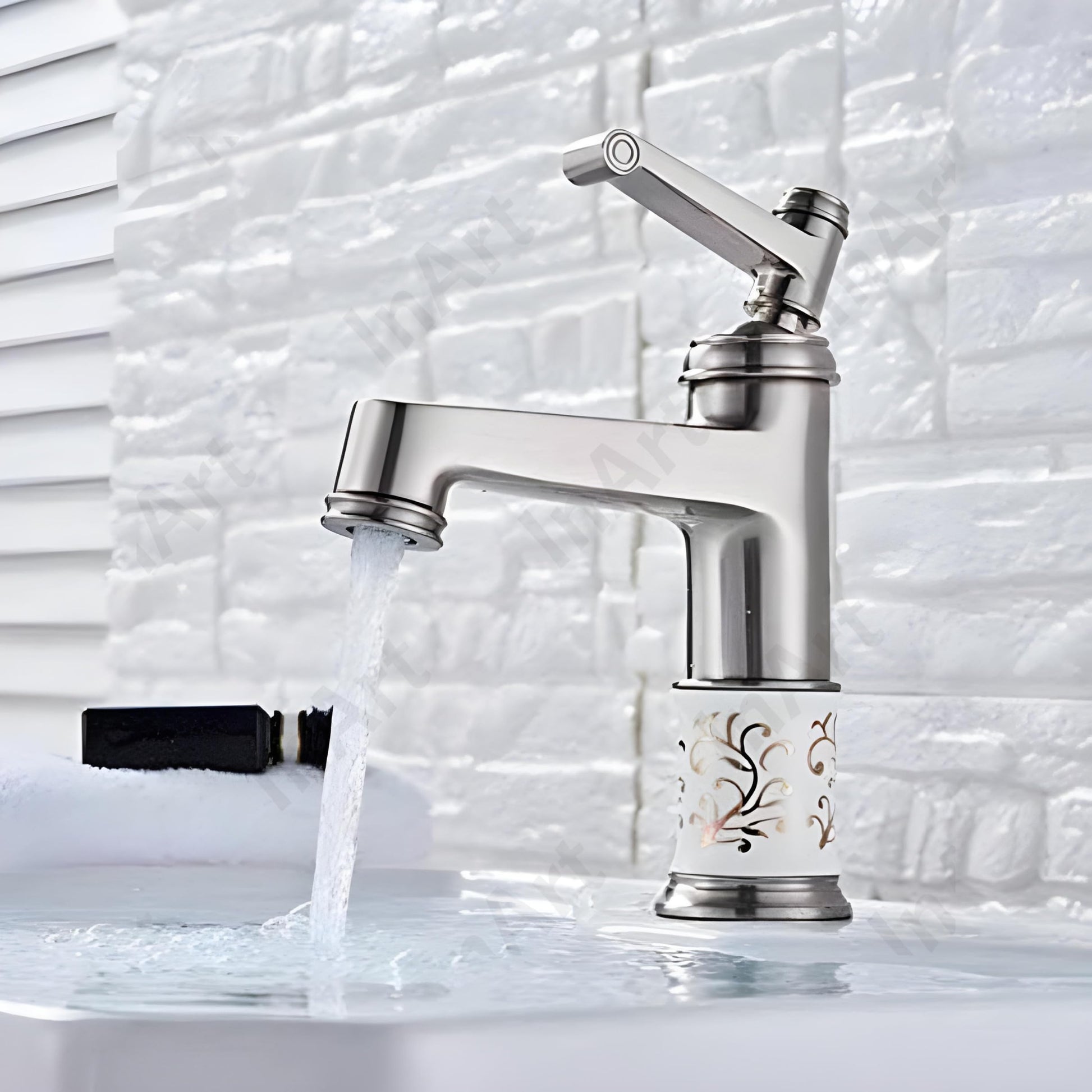 InArt designer taps for wash basin in chrome finish, deck mount basin mixer tap in a modern bathroom setting