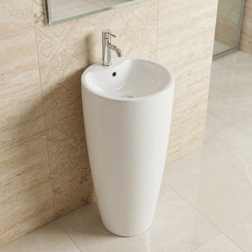Buy pedestal wash basin online – InArt glossy white ceramic round one piece pedestal wash basin, front view