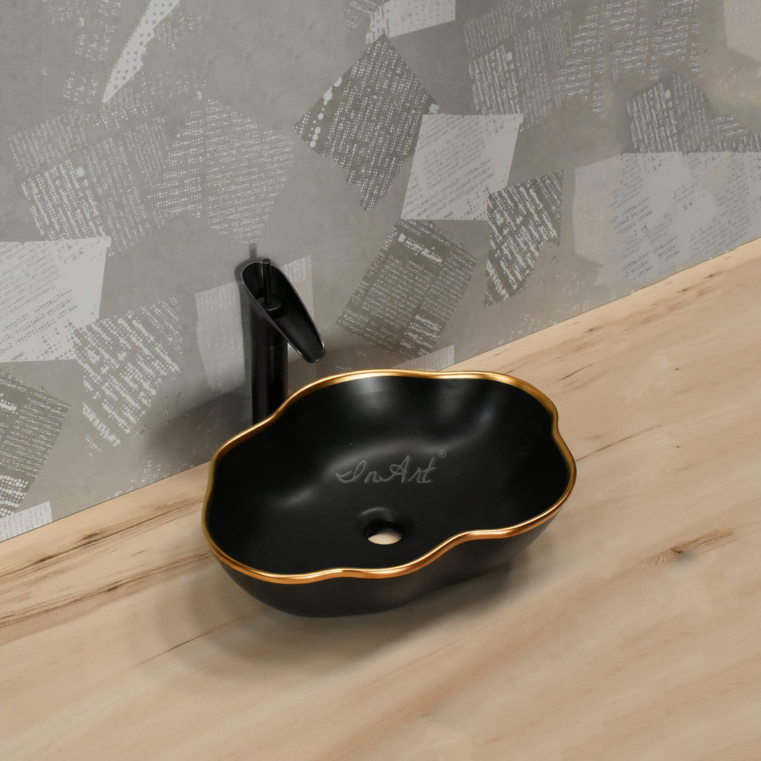 InArt ceramic table top wash basin, rectangular matte black with gold counter top basin, main front view