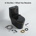 Rimless ceramic western toilet seat with soft-close cover, luxury gold black commode for washroom