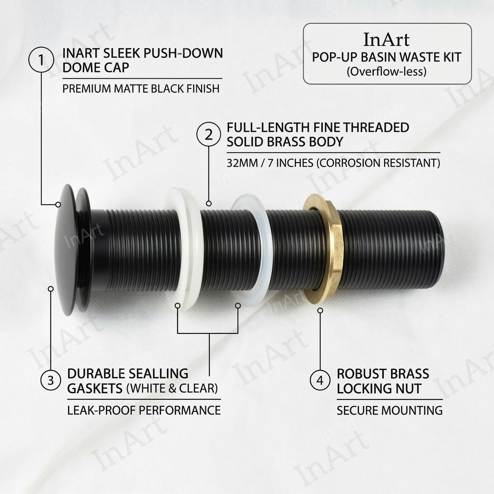 Matte black pop up waste coupling for wash basin, angled view showing round brass body and threaded stem