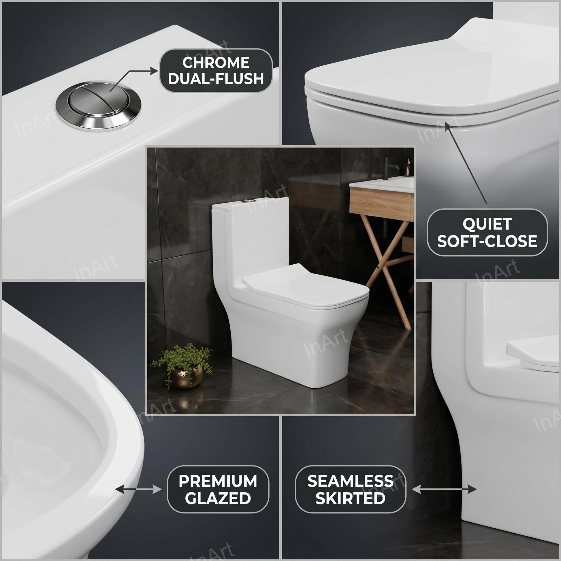 Ceramic western toilet one piece with soft close seat, square European commode side angle view
