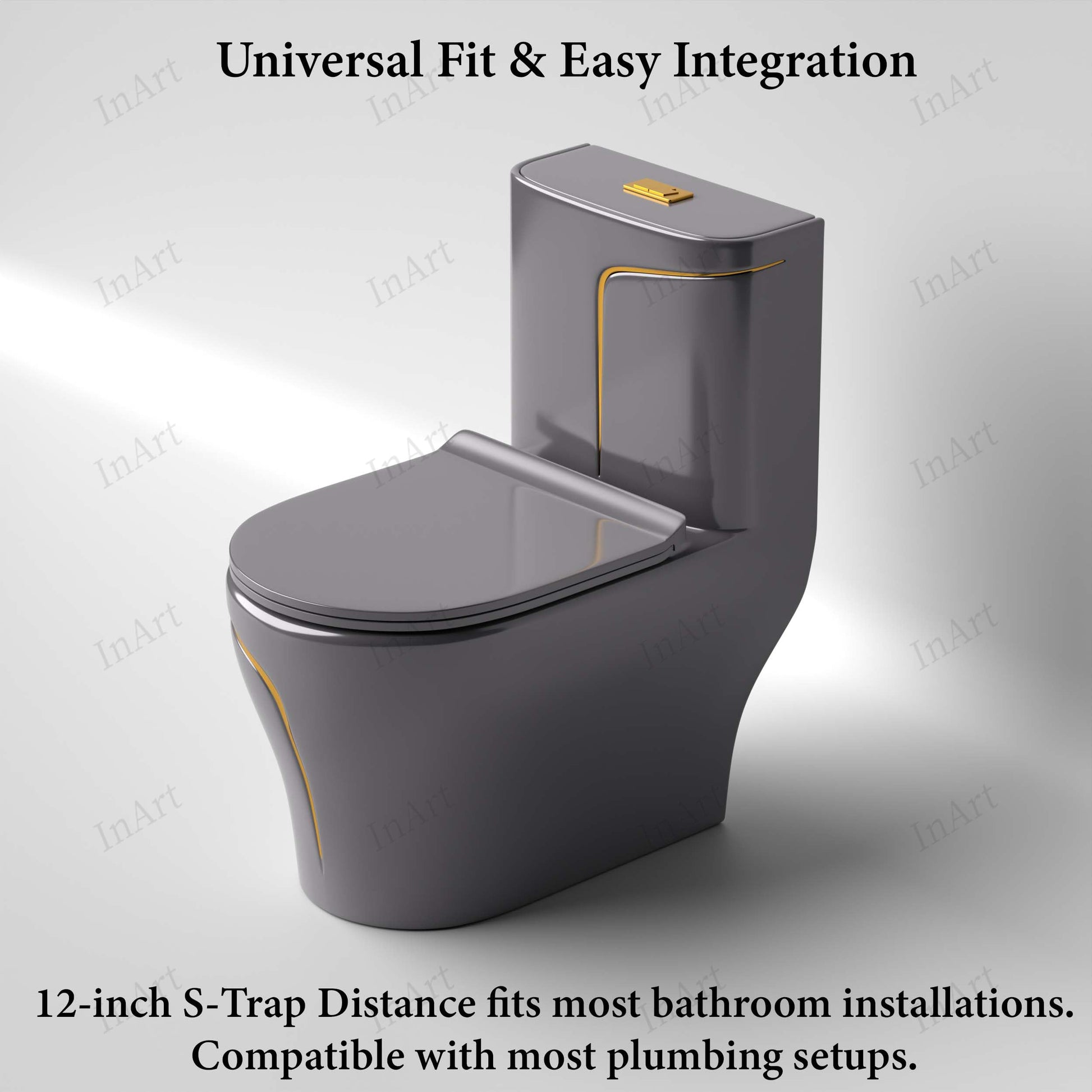 Glossy grey ceramic western commode in bathroom interior, oval one piece floor mounted toilet for premium washroom