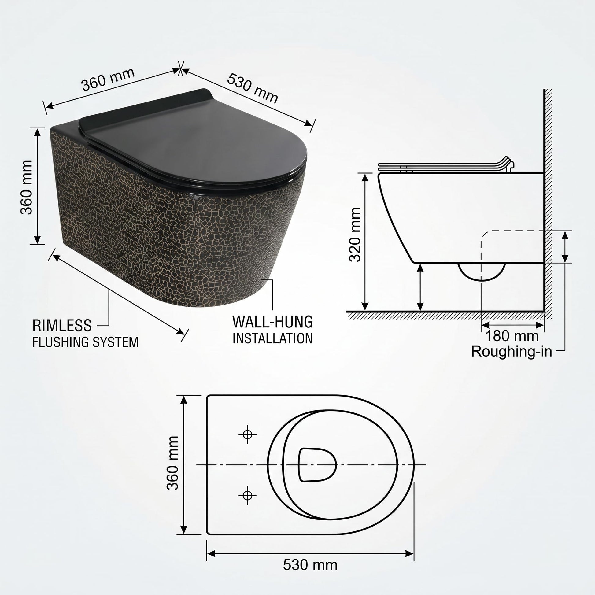 Front angle view of rimfree wall hung toilet bowl for easy cleaning design