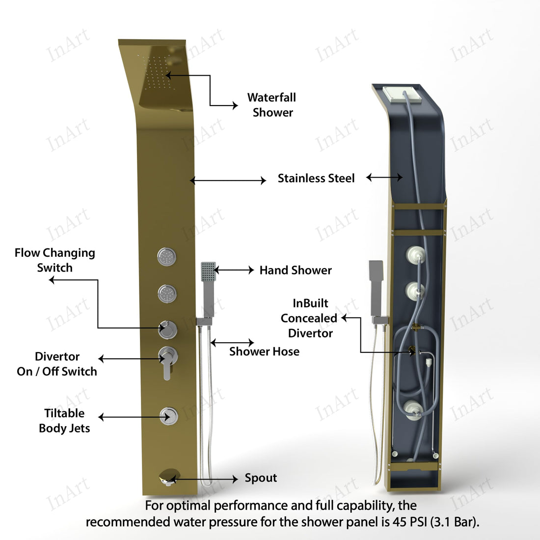 InArt yagatap gold shower tower panel in 304 stainless steel, rectangular 6-in-1 set with LED display