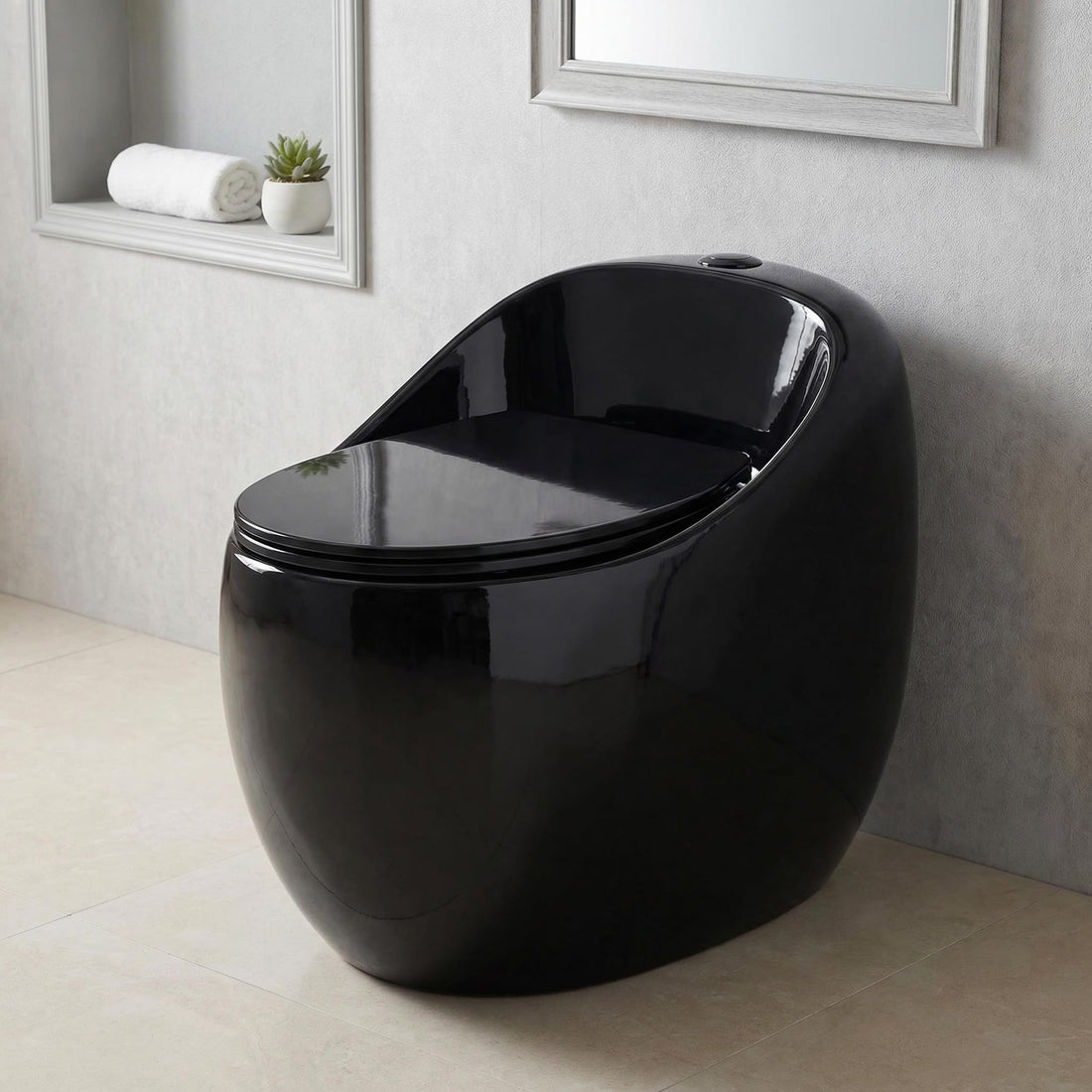 InArt black one piece commode in ceramic, oval rimless floor mounted toilet with glossy black finish