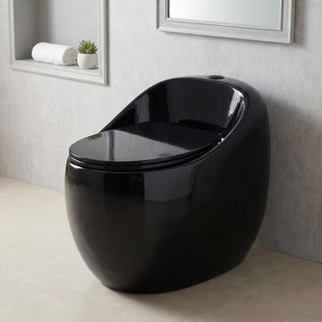 InArt black one piece commode in ceramic, oval rimless floor mounted toilet with glossy black finish