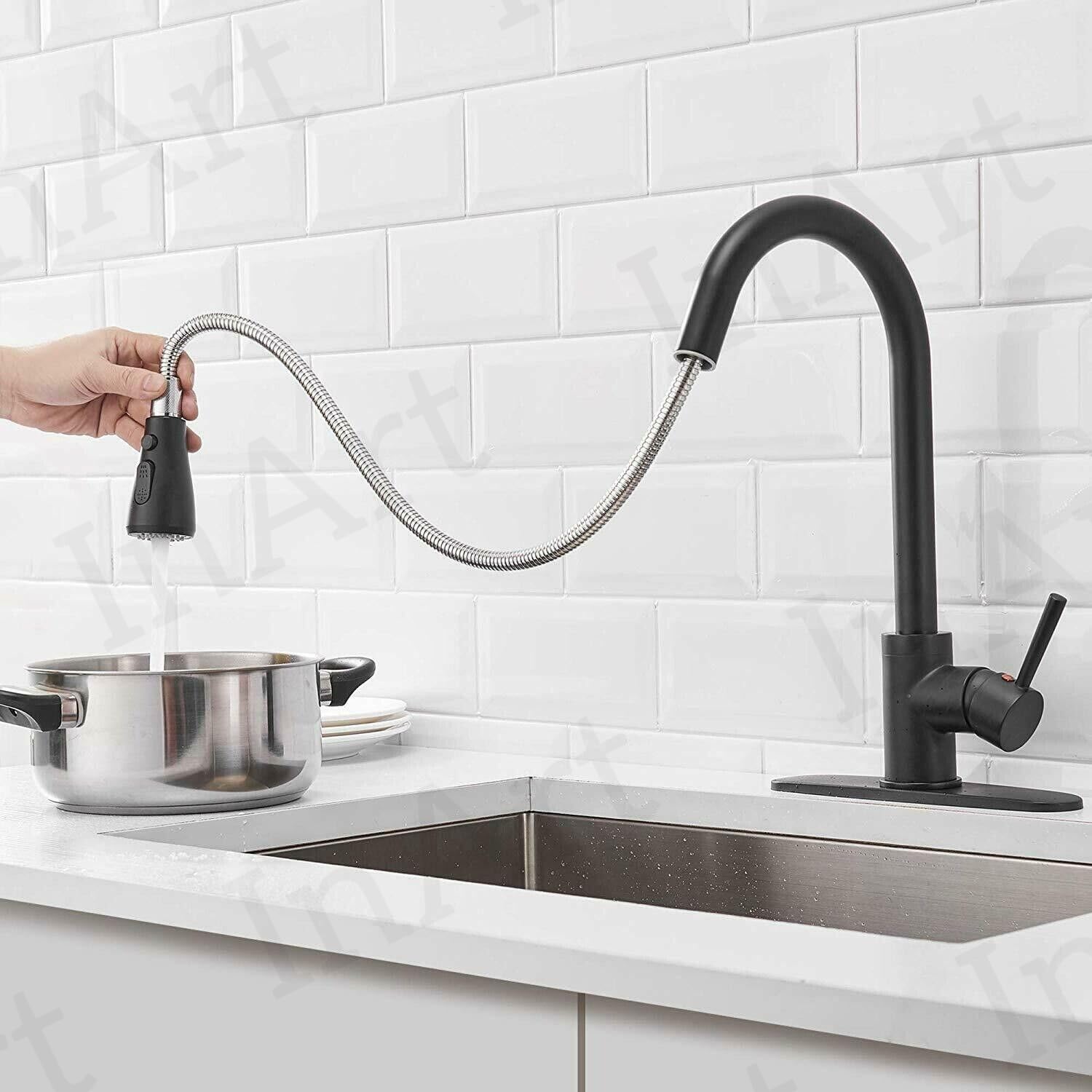InArt black kitchen sink faucet with pull down sprayer, 360° rotatable gooseneck, rear angle view