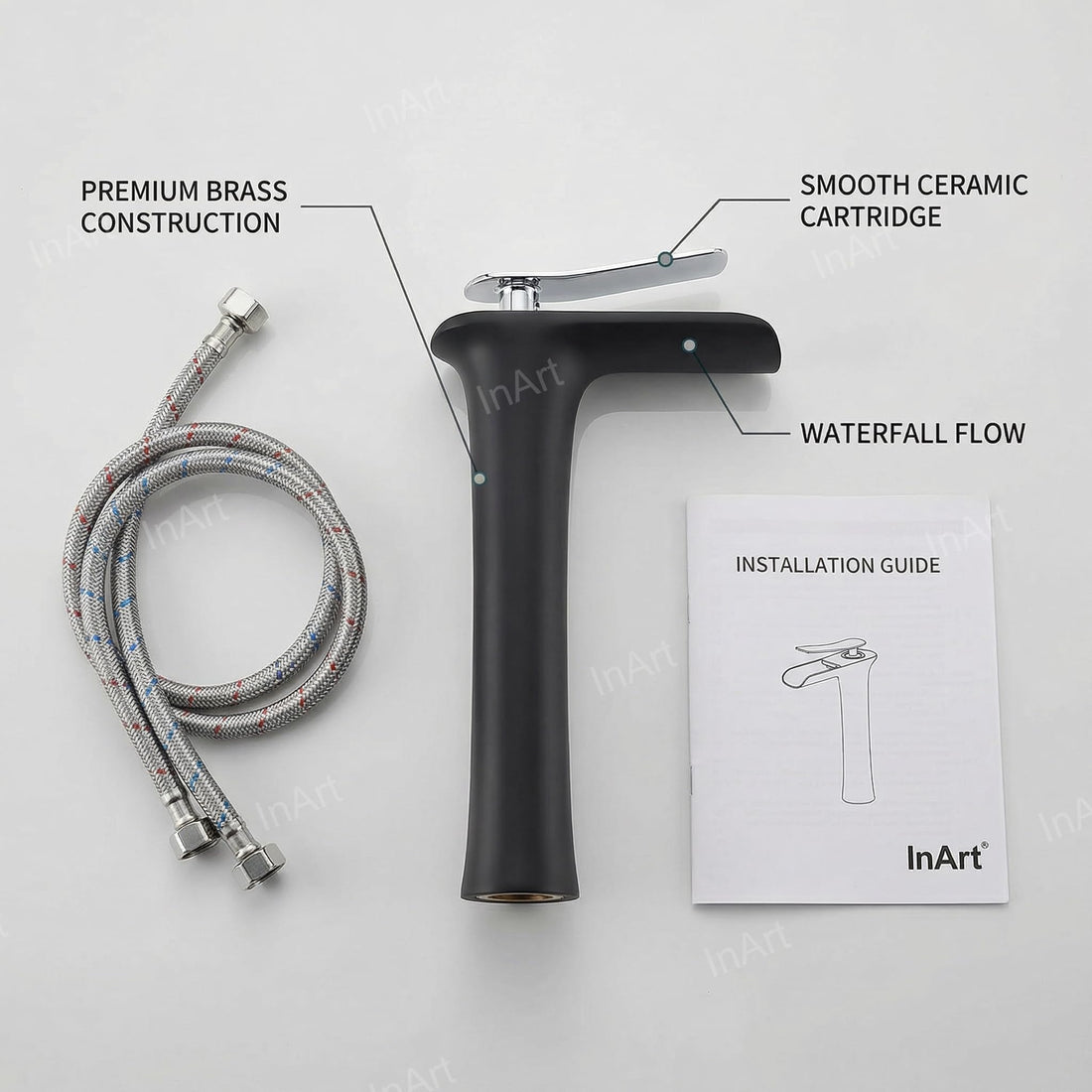 InArt single lever basin mixer tap in black chrome brass for bathroom wash basin, main front view