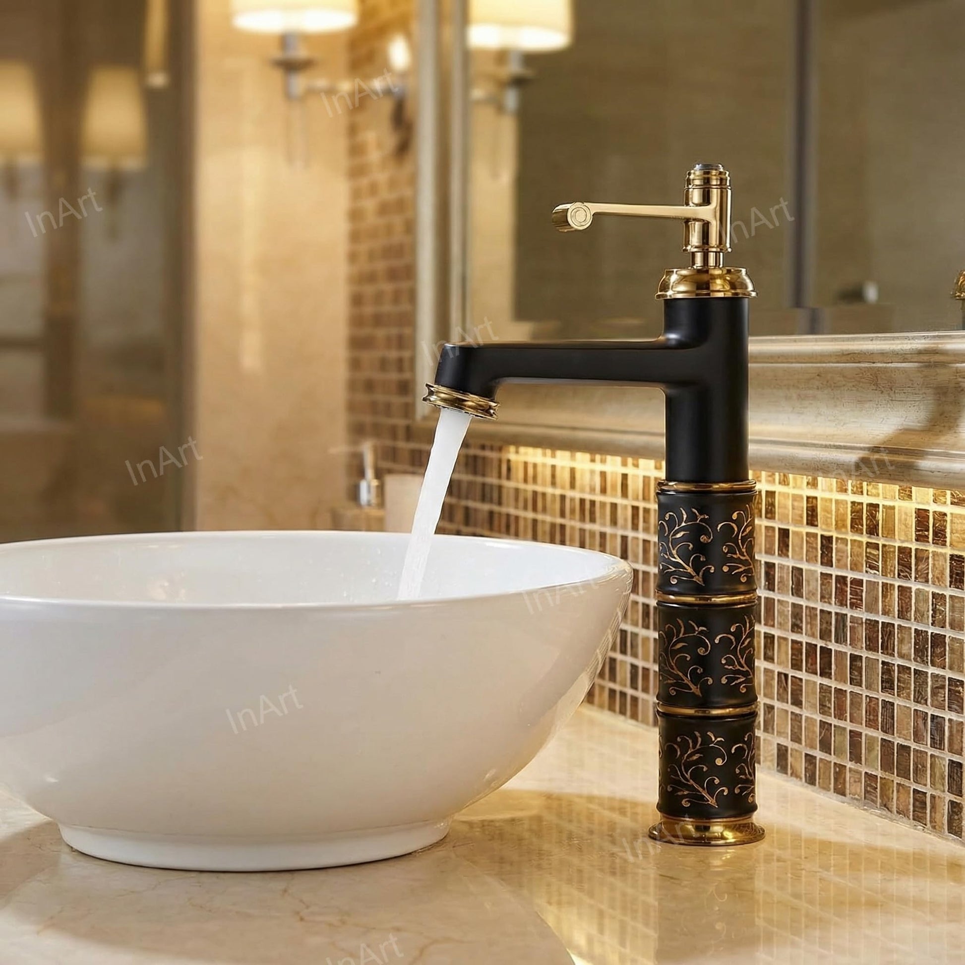 InArt hot and cold water mixer for wash basin, single hole tall body basin tap in gold black matte