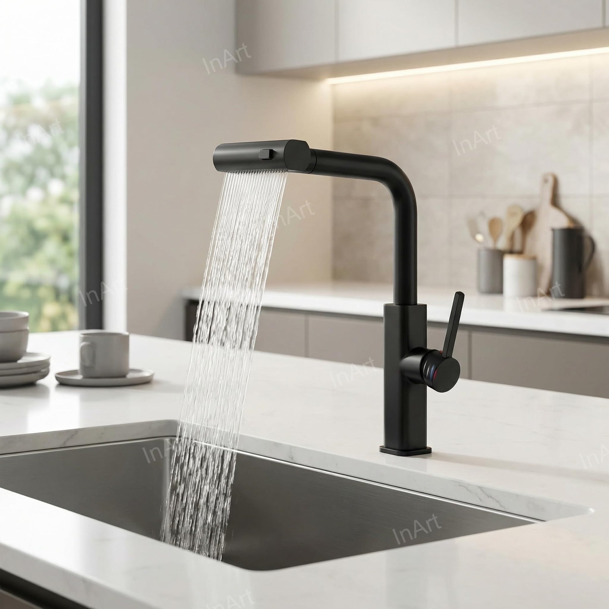 Close-up of tap with spray button on pull out spray kitchen tap, matte black waterfall outlet
