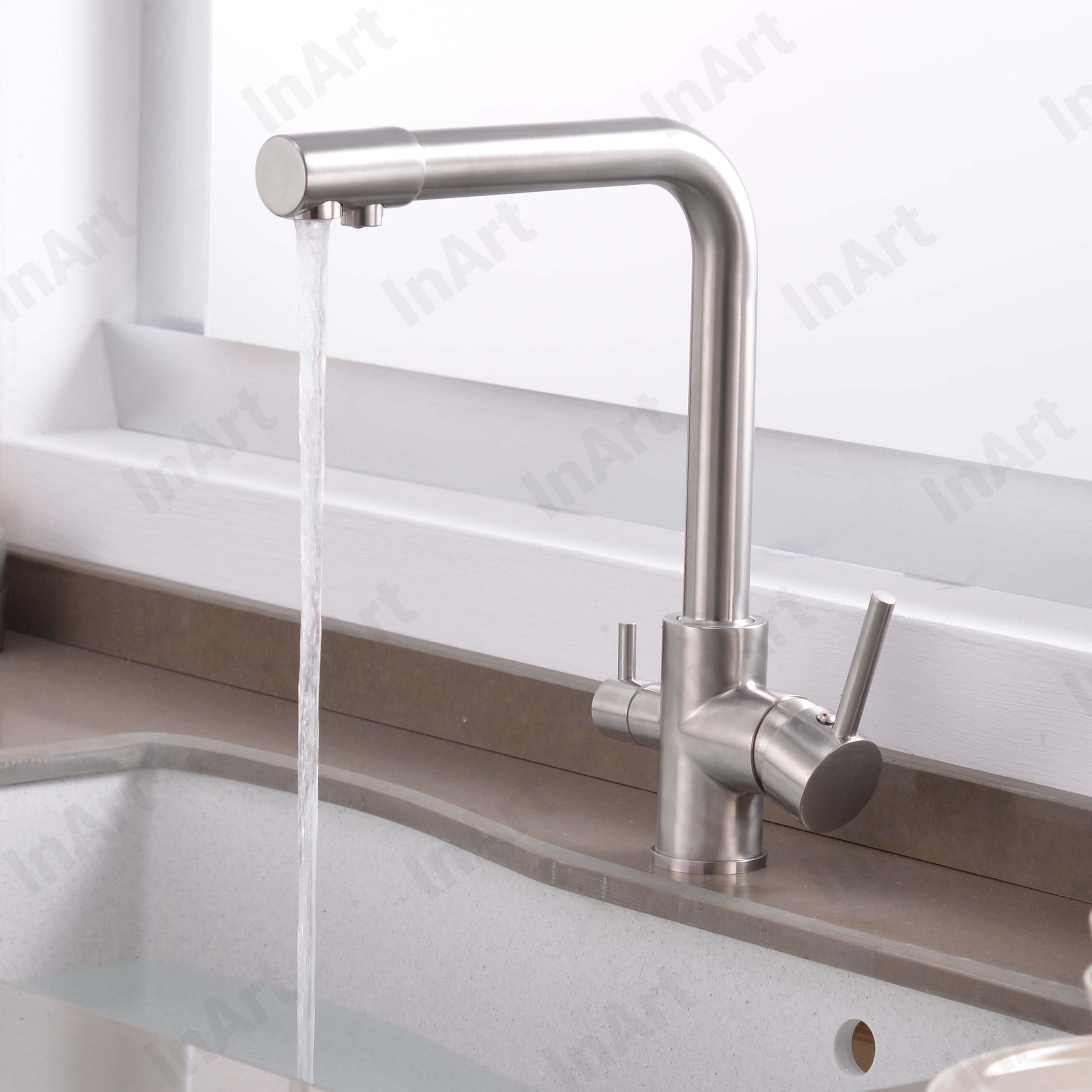 Swan neck mixer tap for kitchen with separate filtered water line, deck mounted brass tap in chrome