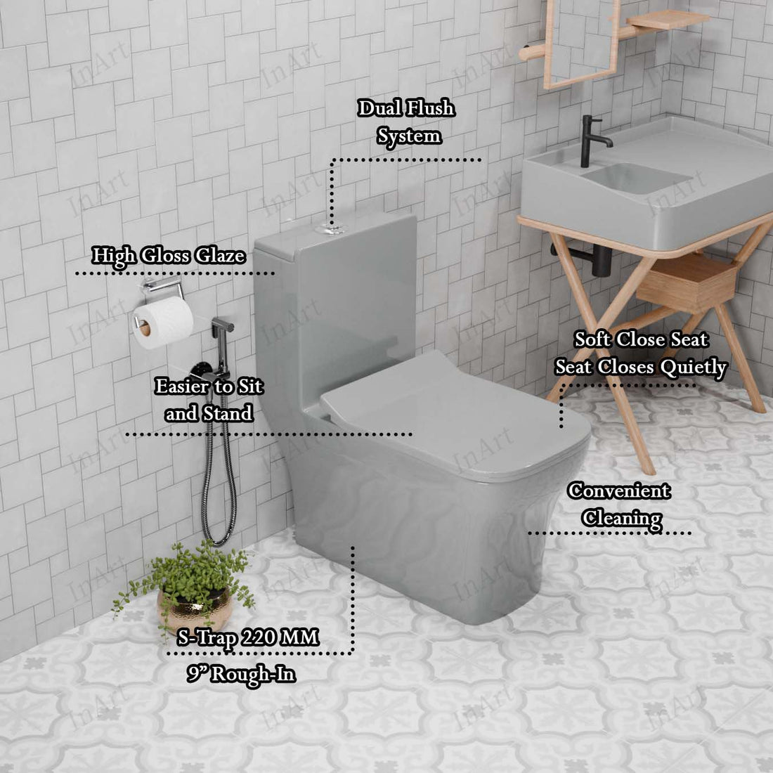 Single piece western toilet by InArt in grey ceramic, rectangular floor mounted commode with soft close seat