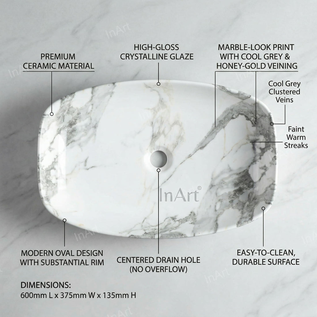 InArt ceramic table top wash basin design, rectangular matt white grey marble look counter basin