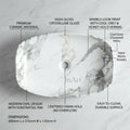 Designer table top basin design in matt white grey marble finish, angled view of rectangular ceramic basin