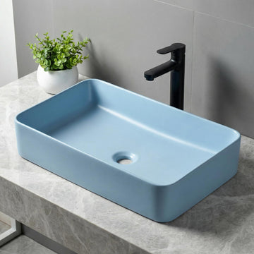 InArt ceramic table top wash basin, blue rectangular counter top design, front view