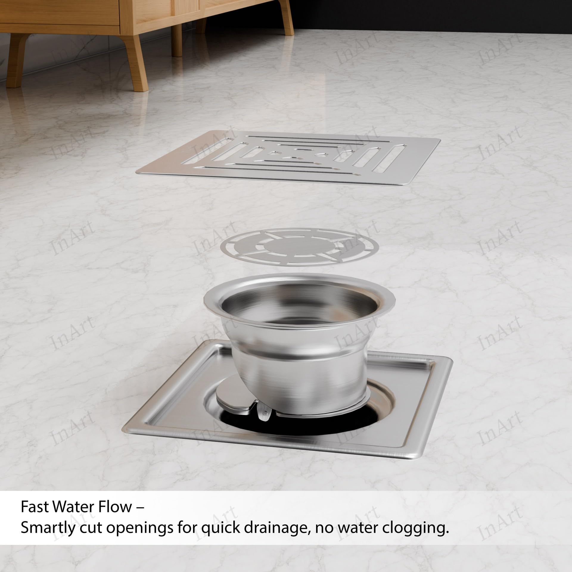 Anti-cockroach trap detail inside 5x5 square floor drain, 304 stainless steel bathroom drainer
