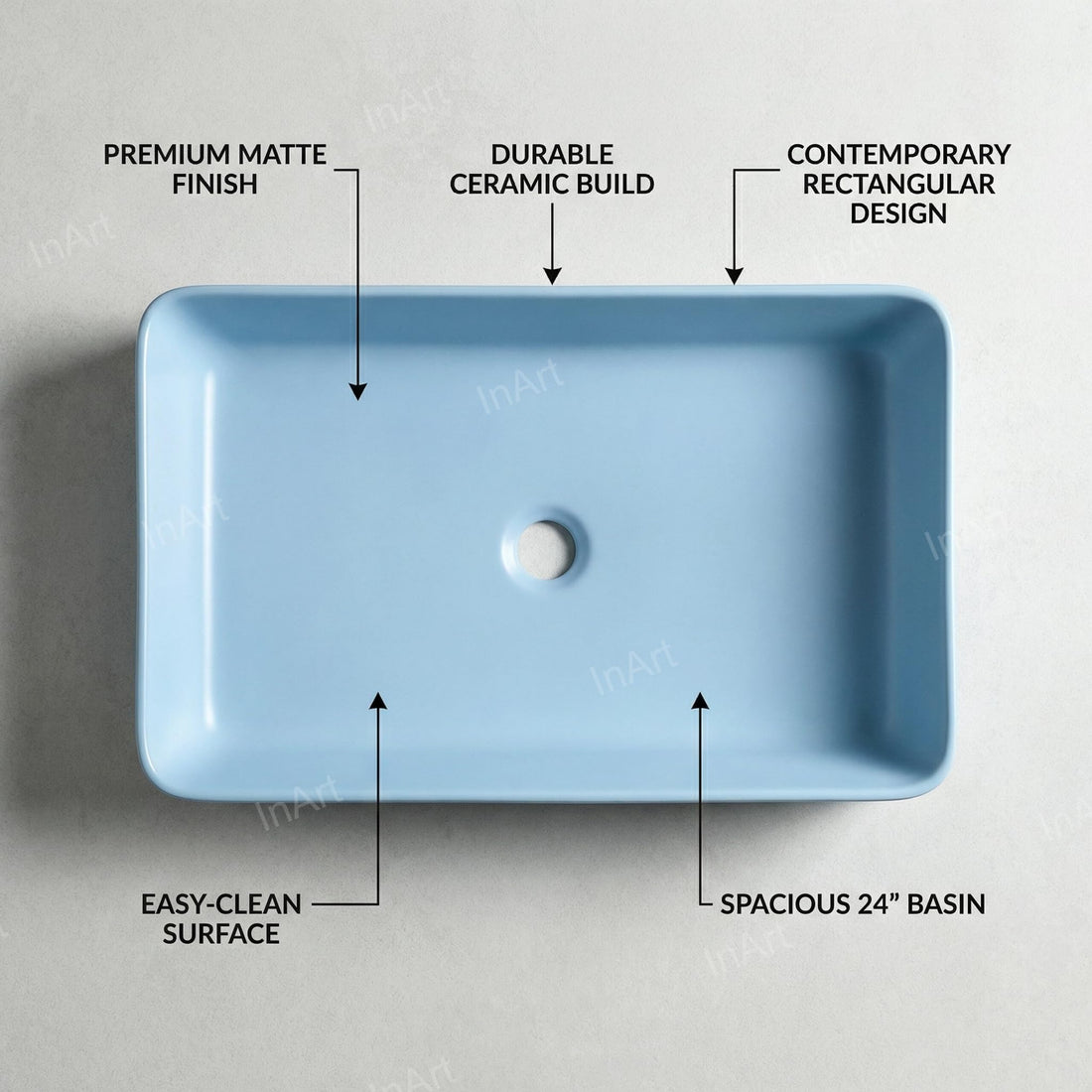 InArt ceramic table top wash basin, blue rectangular counter top design, front view