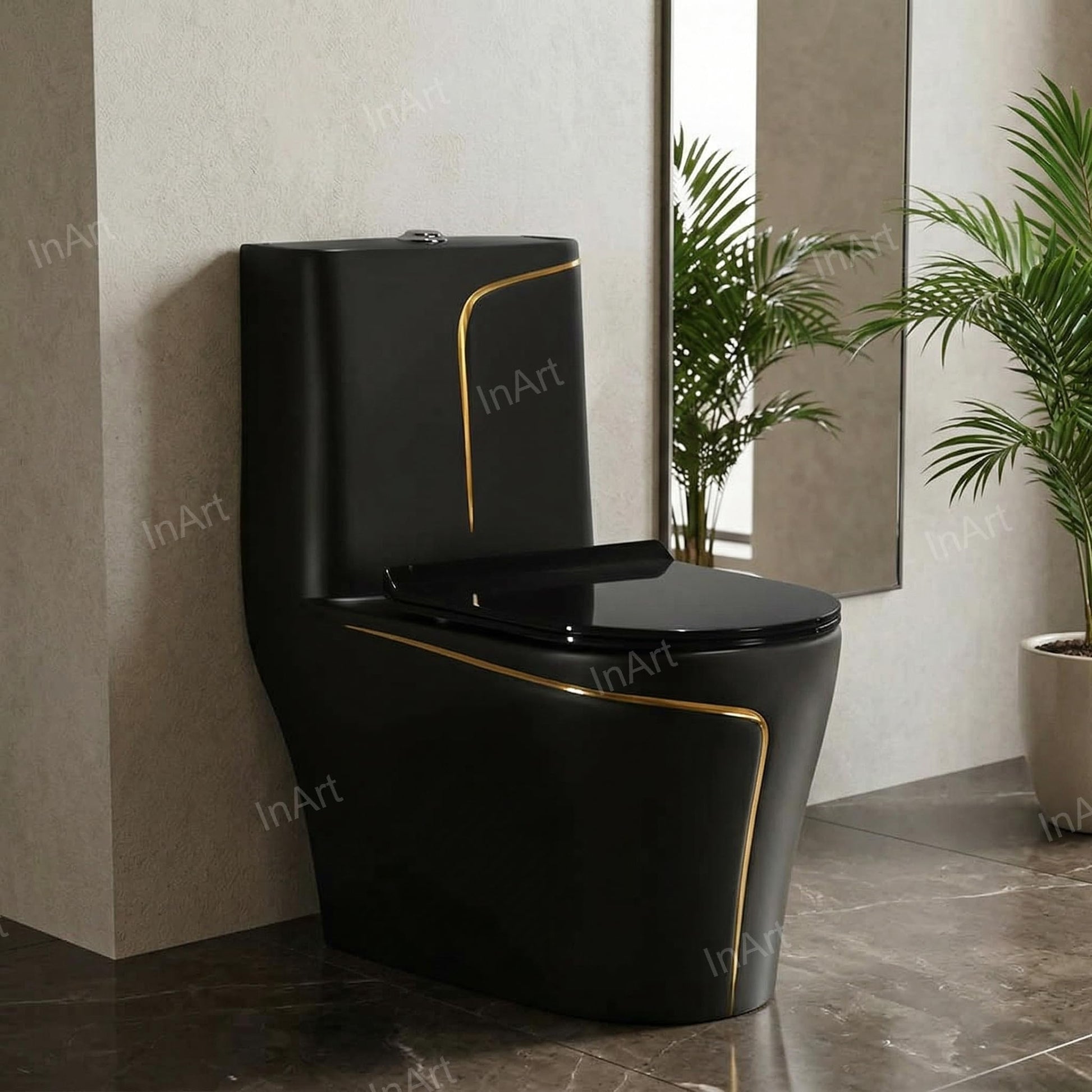 InArt rimless syphonic S trap one piece water closet, close-up of gold black ceramic glaze