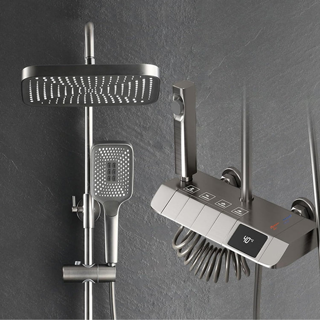 InArt grey brass thermostatic shower set - full stainless steel panel with gun spray head and controls