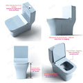 Premium sanitaryware one piece western toilet, dual flush button and cistern top detail in light blue