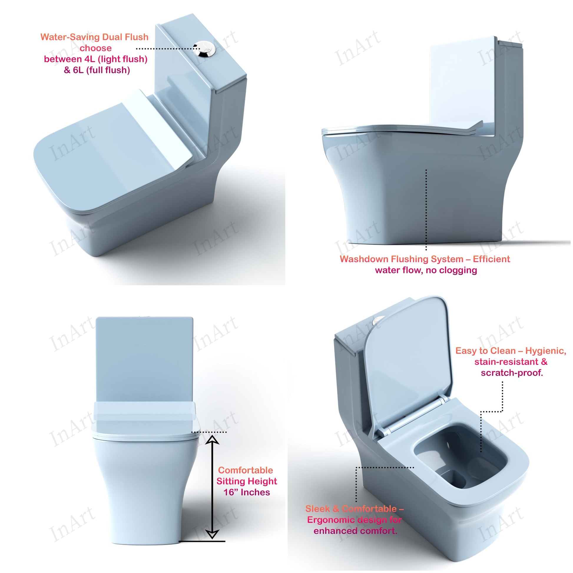 Premium sanitaryware one piece western toilet, dual flush button and cistern top detail in light blue