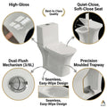 InArt one piece western toilet in glossy white ceramic, elongated floor mounted commode, 3/4 angle view