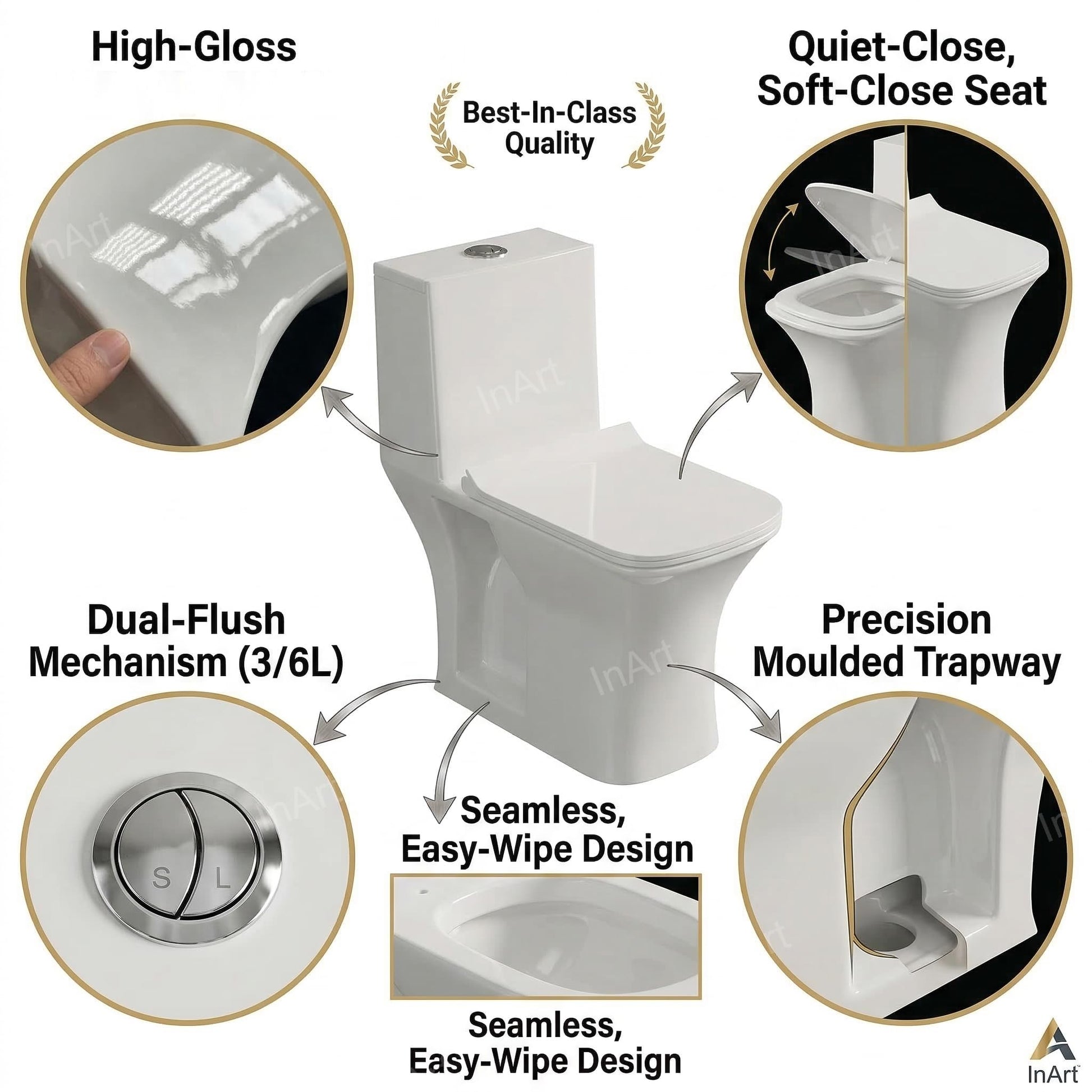 InArt one piece western toilet in glossy white ceramic, elongated floor mounted commode, 3/4 angle view