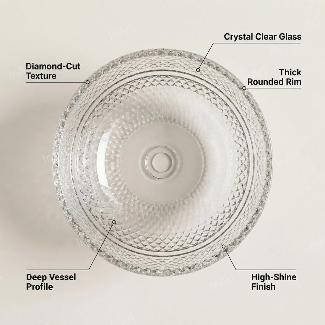 Round clear glass table top wash basin with polished finish, 34x34x17.5 cm