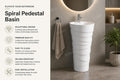 Modern pedestal wash basin for bathroom, round ceramic one piece pedestal, side angle view